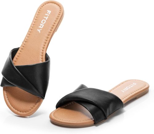 FITORY Women’s Flat Sandals Fashion Slides With Soft Leather Slippers for Summer Size 6-11